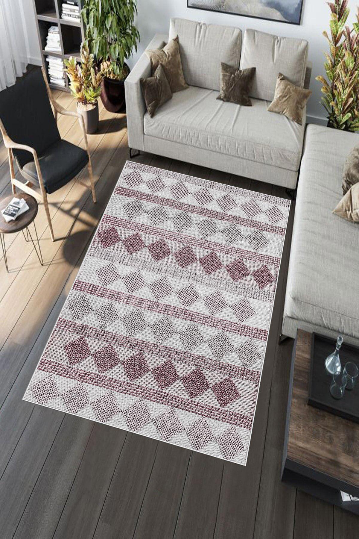 Aldora A283 Pembe 9 mm Deri Leke Tutmaz Yıkanabilir İnce Kaymaz Dot Taban Dikdörtgen Makine Dokuma Salon Halısı 100x150 cm