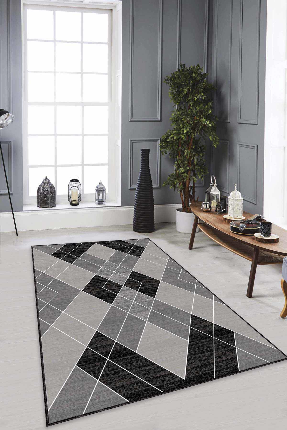 Viva Home AR472 Siyah 7 mm Mikropolyester Antibakteriyel Yıkanabilir Kalın Kaymaz Lateks Taban Dikdörtgen Makine Dokuma Salon Halısı 100x200 cm