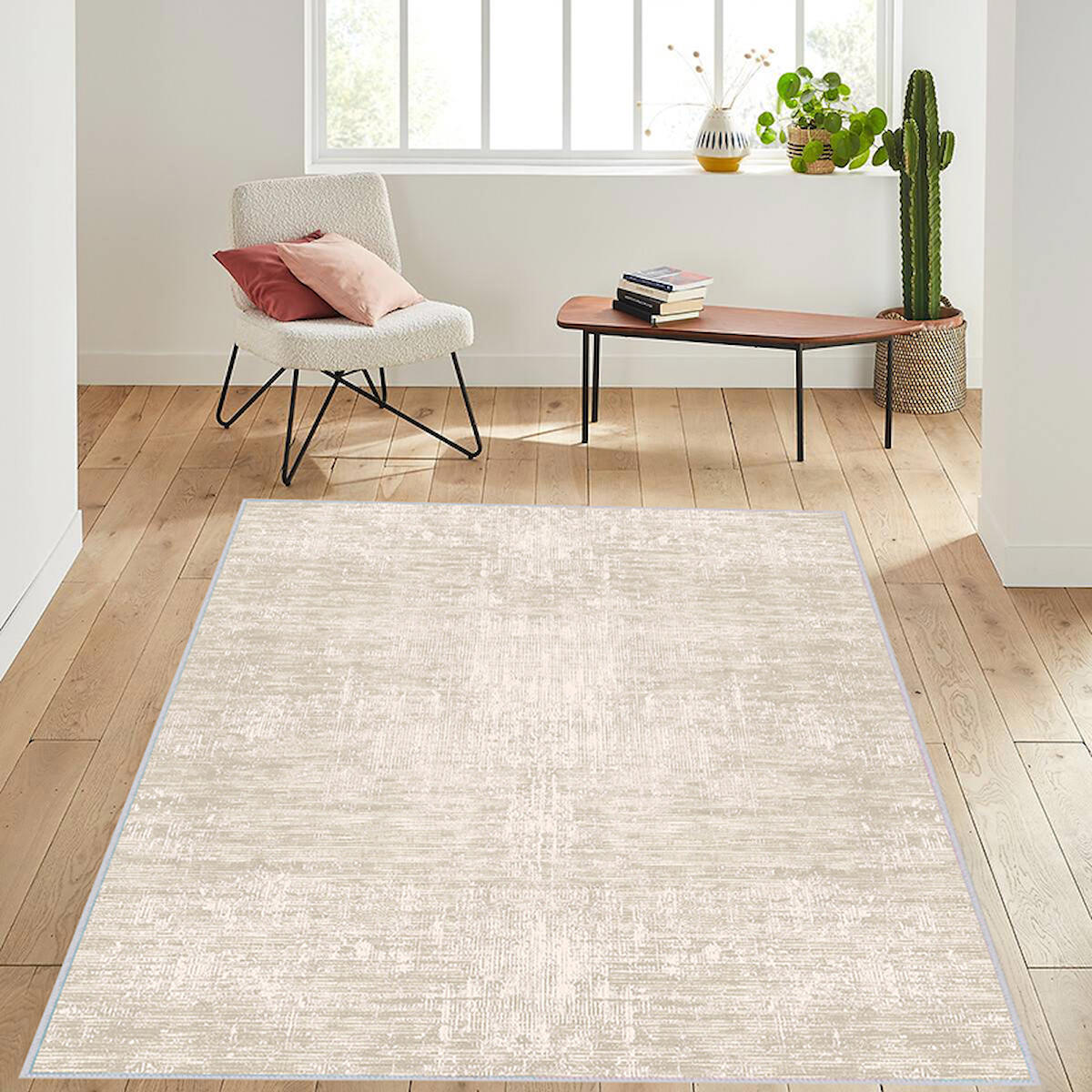 Rovigo Home RVG1500 Krem 8 mm Polyester Antibakteriyel-Leke Tutmaz-Toz Tutmaz Yıkanabilir İnce Kaymaz Dot Taban Dikdörtgen Makine Dokuma Salon Halısı 140x140 cm