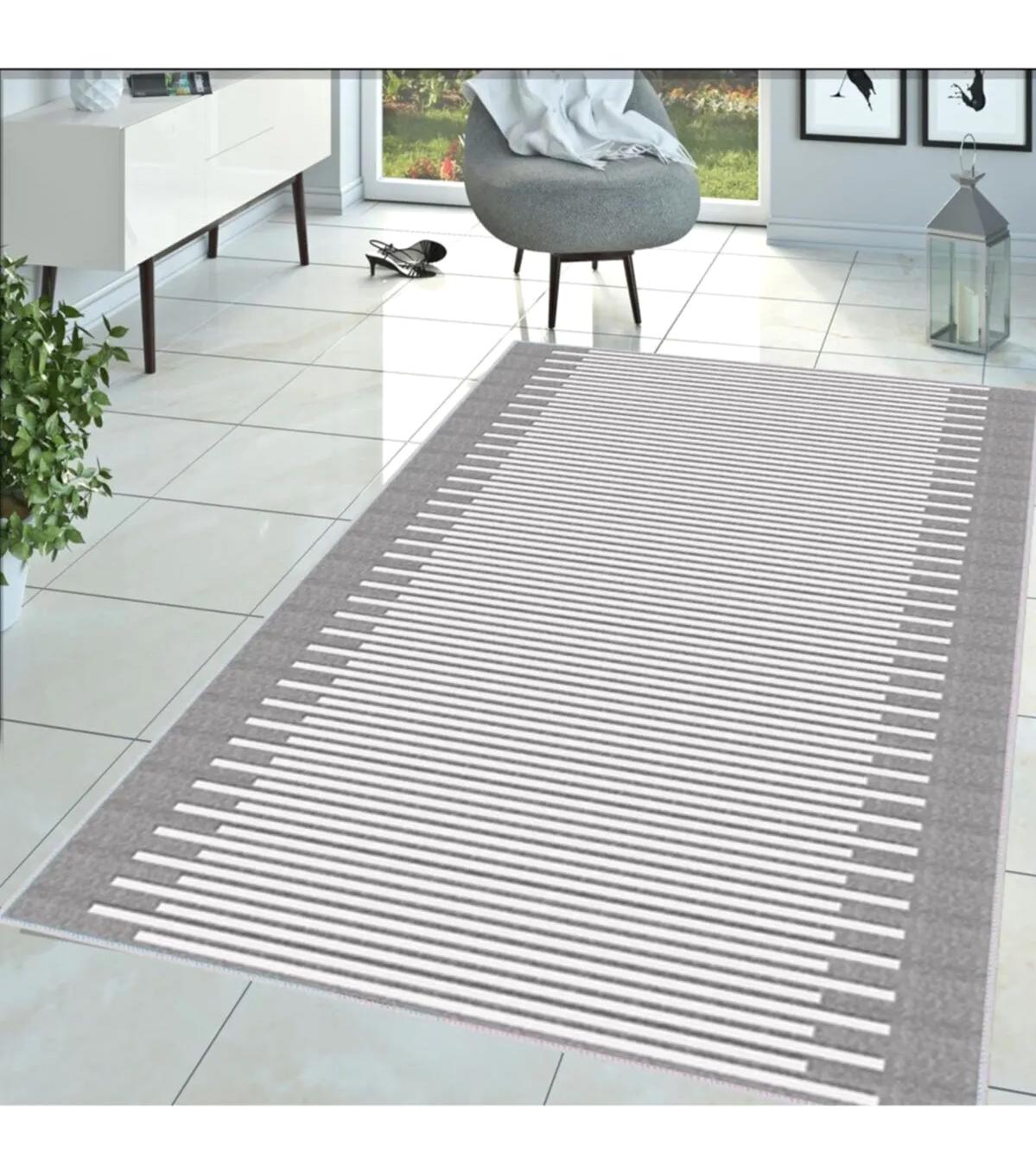 Rovigo Home RVG1400-SD317 Gri 8 mm Polyester Antibakteriyel-Leke Tutmaz-Toz Tutmaz Yıkanabilir İnce Kaymaz Taban Dikdörtgen Halı 140x200 cm