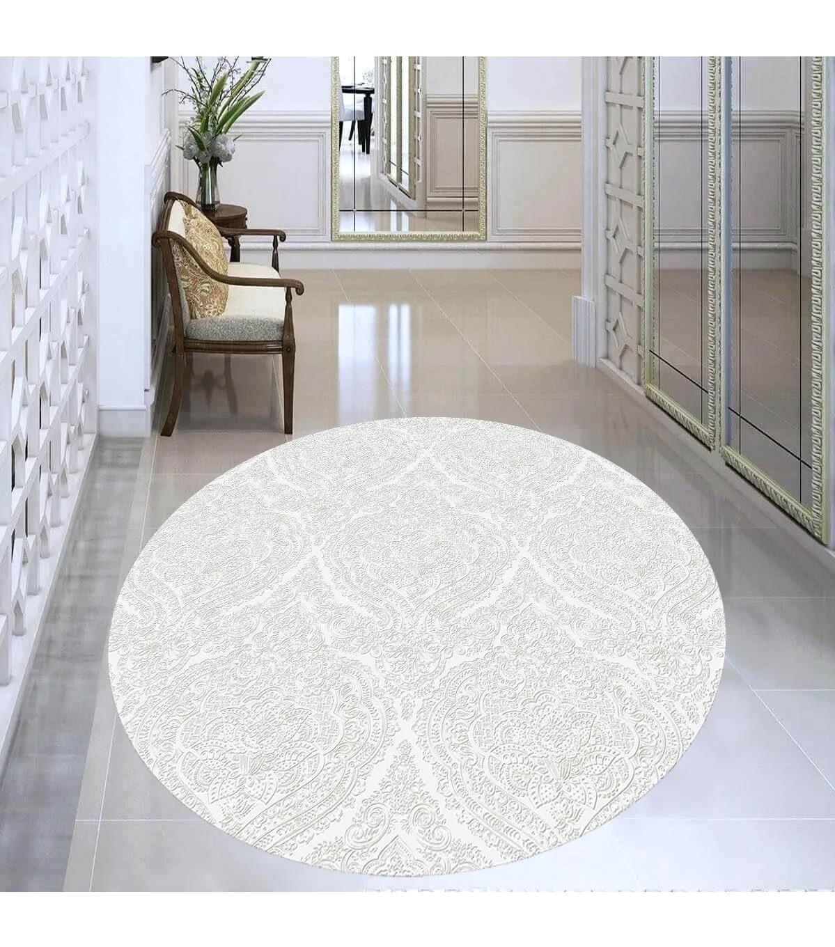 Rovigo Home RVG7335-HT380 Krem 8 mm Polyester Antibakteriyel-Leke Tutmaz-Toz Tutmaz Yıkanabilir İnce Kaymaz Dot Taban Yuvarlak Makine Dokuma Salon Halısı 100x200 cm