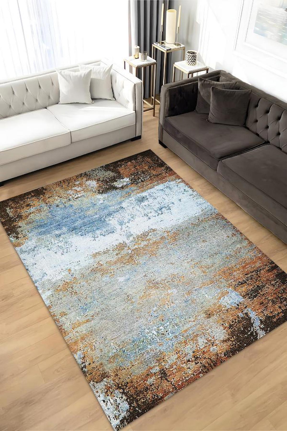 Homshtag Mavi Toprak Çok Renkli 4 mm Pamuk Antistatik Yıkanabilir İnce Kaymaz Dikdörtgen Makine Dokuma Salon Halısı 100x200 cm