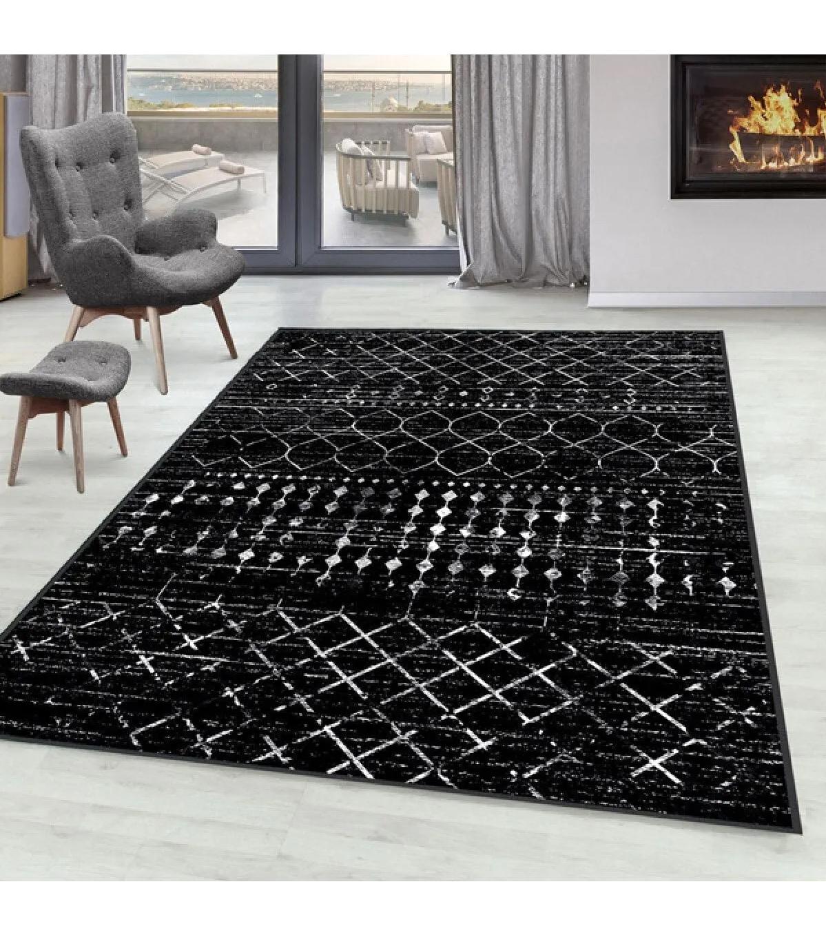 Rovigo Home RVG0111-SD1167 Beyaz - Siyah 8 mm Polyester Yıkanabilir Orta Kaymaz Dot Taban Dikdörtgen Makine Dokuma Salon Halısı 120x180 cm