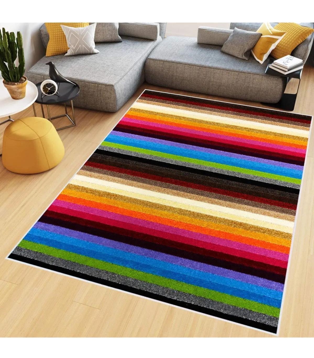 Rovigo Home RVG0509 Çok Renkli 8 mm Polyester Leke Tutmaz-Toz Tutmaz Yıkanabilir İnce Kaymaz Dot Taban Dikdörtgen Makine Dokuma Salon Halısı 80x150 cm