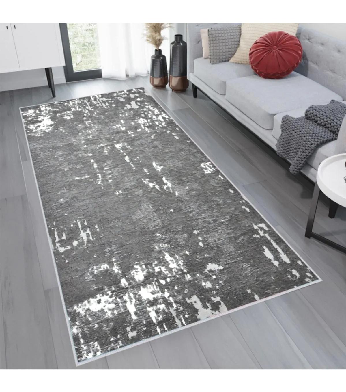 Rovigo Home RVG1766 Gri 8 mm Polyester Antibakteriyel-Leke Tutmaz-Toz Tutmaz Yıkanabilir İnce Kaymaz Dot Taban Dikdörtgen Makine Dokuma Salon Halısı 80x250 cm