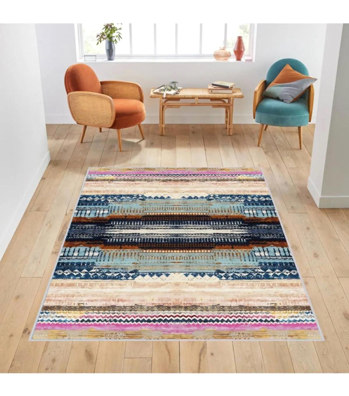 Rovigo Home RVG1776 Çok Renkli 8 mm Polyester Antibakteriyel-Leke Tutmaz-Toz Tutmaz Yıkanabilir İnce Kaymaz Dot Taban Dikdörtgen Makine Dokuma Salon Halısı 100x200 cm