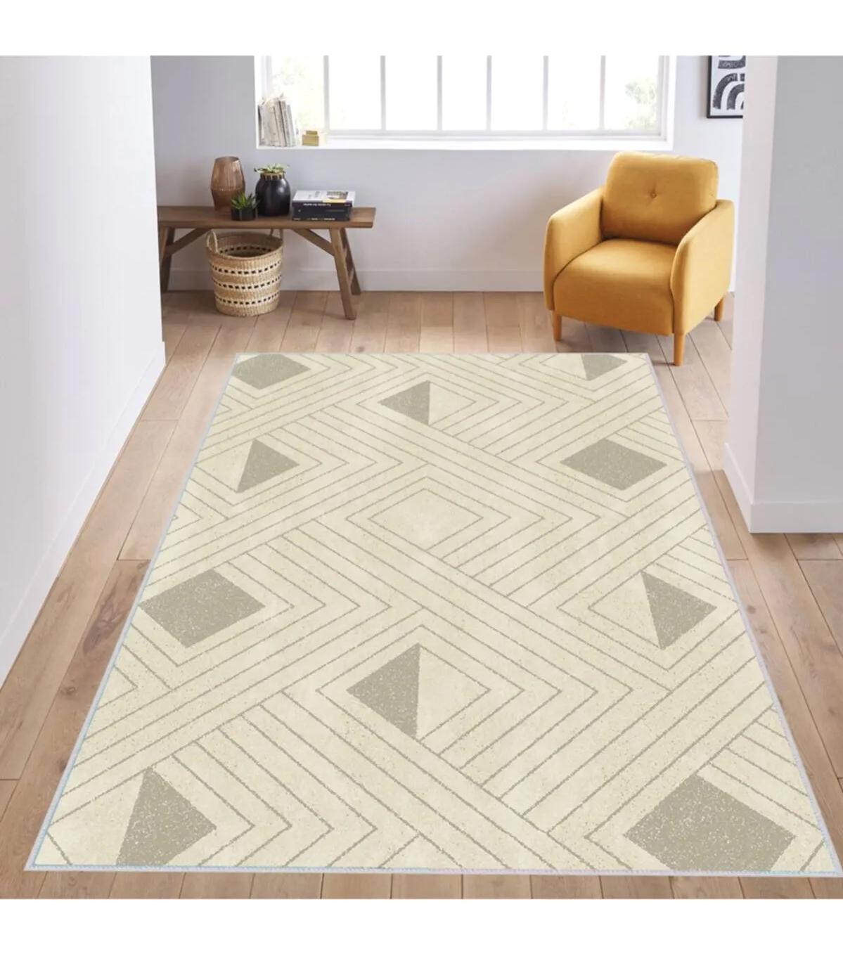 Rovigo Home RVG1095 Krem 8 mm Polyester Leke Tutmaz-Toz Tutmaz Yıkanabilir İnce Kaymaz Dot Taban Dikdörtgen Makine Dokuma Salon Halısı 100x150 cm