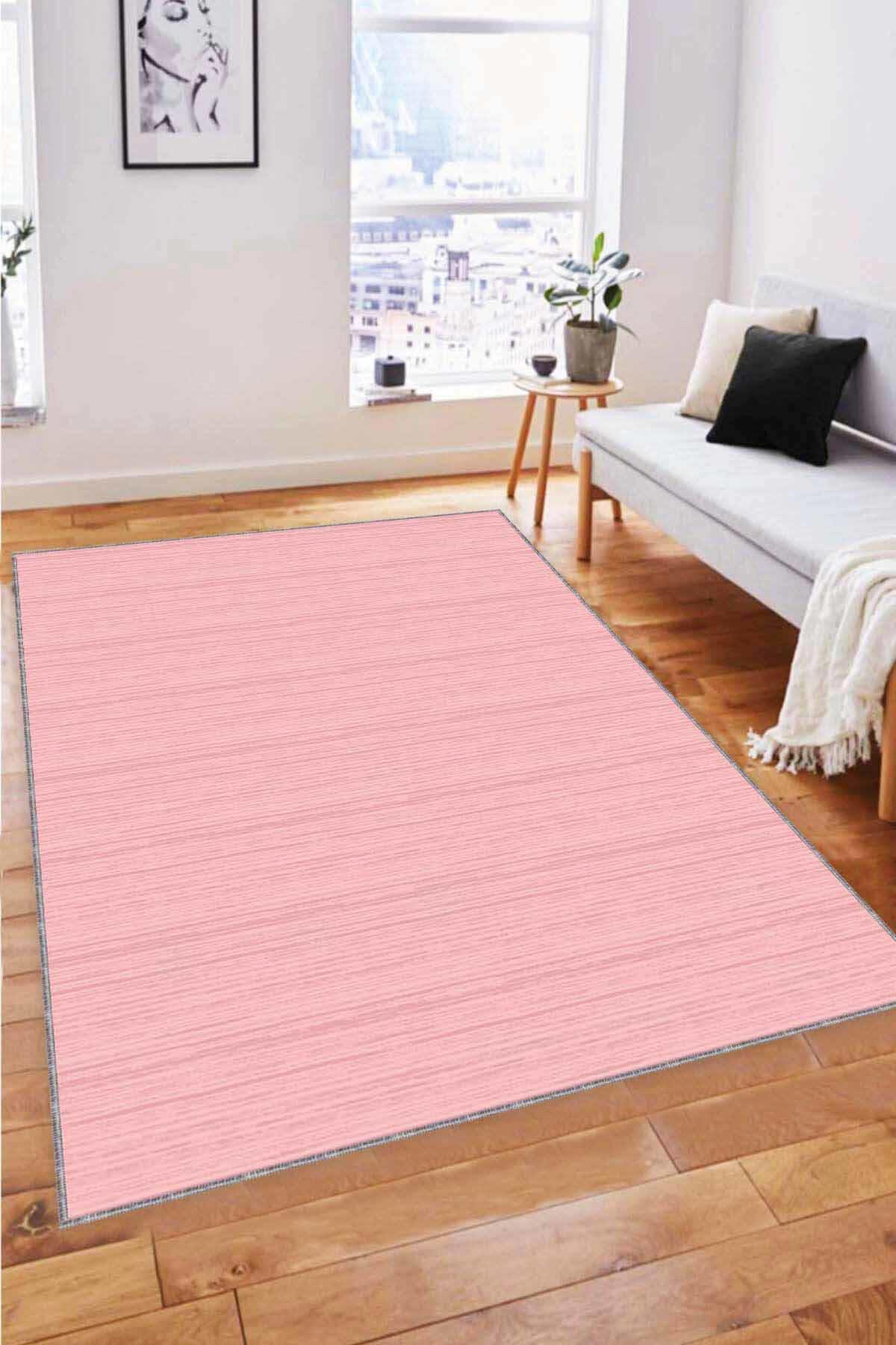 Viva Home ST06 Pembe 7 mm Mikropolyester Leke Tutmaz Yıkanabilir İnce Kaymaz Dot Taban Dikdörtgen Makine Dokuma Salon Halısı 100x200 cm