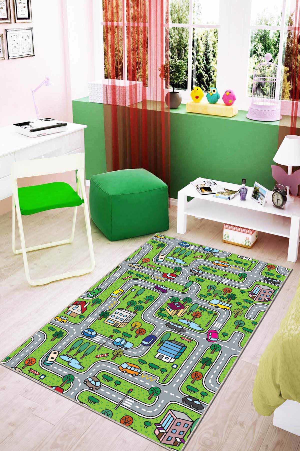 Viva Home KD89 Yeşil 7 mm Mikropolyester Toz Tutmaz Yıkanabilir İnce Kaymaz Taban Dikdörtgen Makine Dokuma Çocuk Odası Halısı 120x180 cm