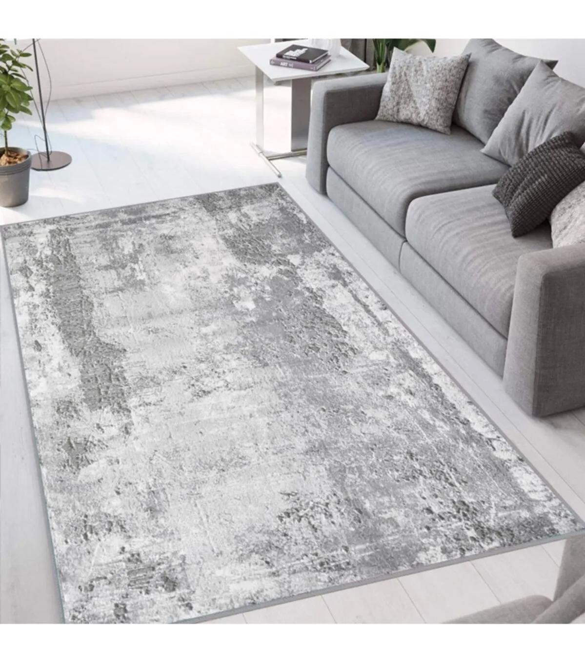 Rovigo Home RVG1063 Gri 8 mm Polyester Leke Tutmaz-Toz Tutmaz Yıkanabilir İnce Kaymaz Dot Taban Dikdörtgen Makine Dokuma Salon Halısı 80x120 cm