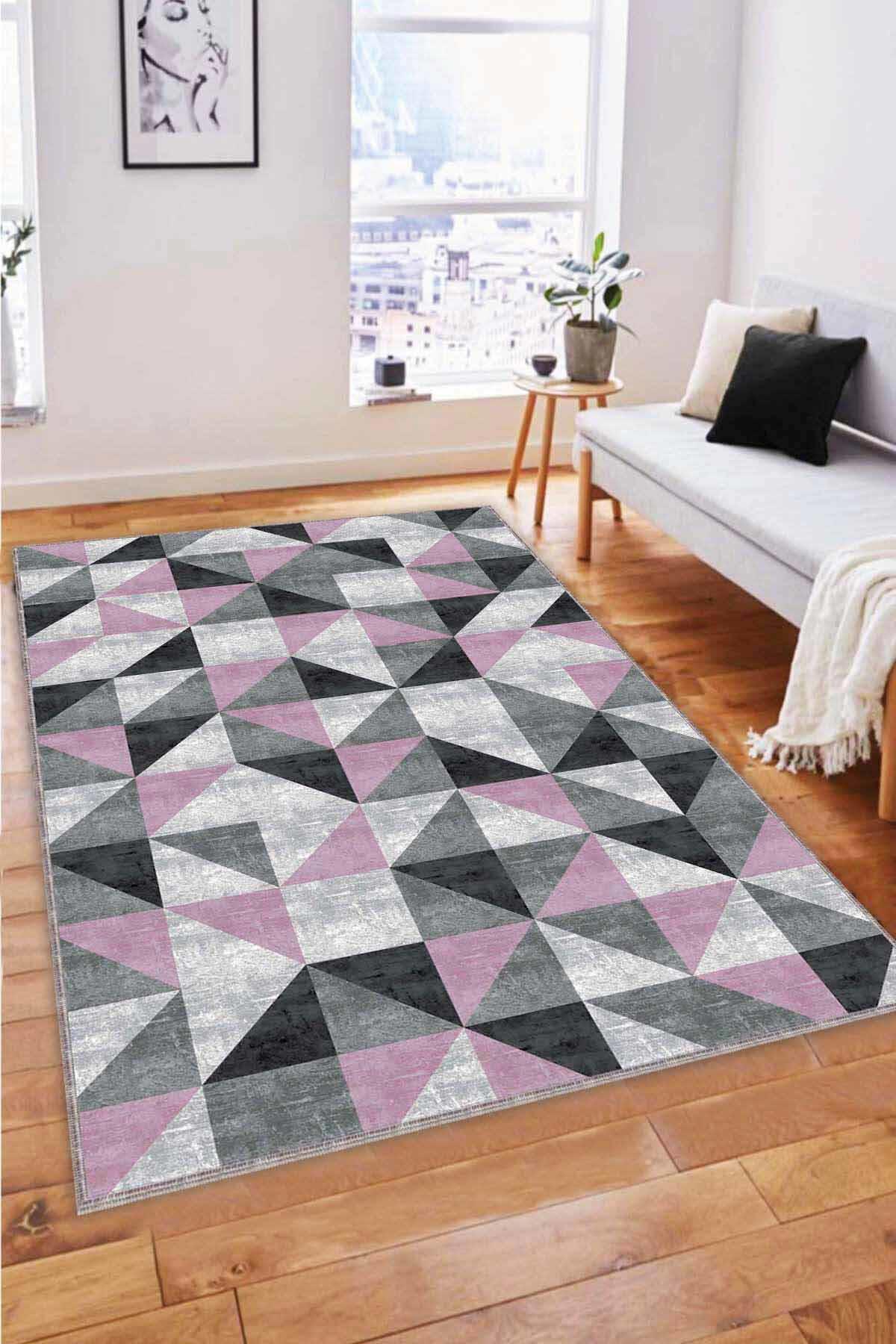 Viva Home PR06 Pembe 7 mm Mikropolyester Antibakteriyel Yıkanabilir İnce Kaymaz Dot Taban Dikdörtgen Makine Dokuma Salon Halısı 80x500 cm