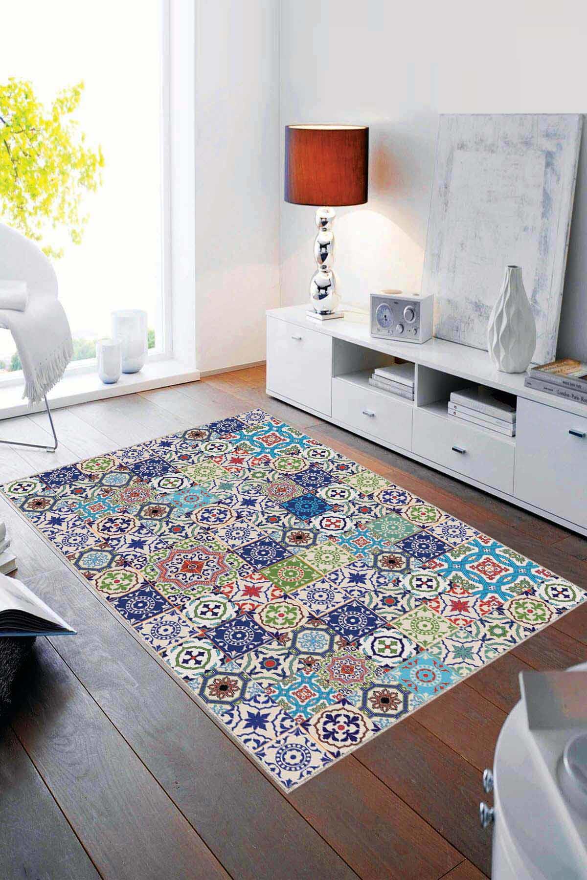 Viva Home AR207 Krem 7 mm Mikropolyester Leke Tutmaz Yıkanabilir Orta Kaymaz Dot Taban Dikdörtgen Makine Dokuma Oturma Odası Halısı 160x230 cm