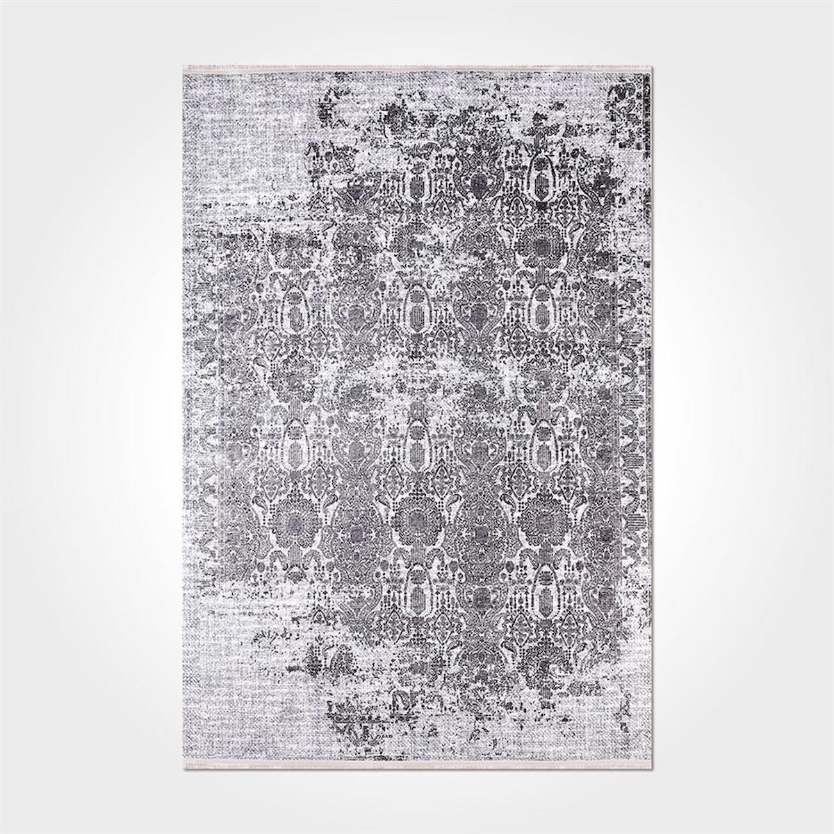 Crea Halı 2150PC Gri Pamuk-Polyester Yıkanabilir İnce Kaymaz Pamuk Taban Dikdörtgen Makine Dokuma Salon Halısı 100x150 cm