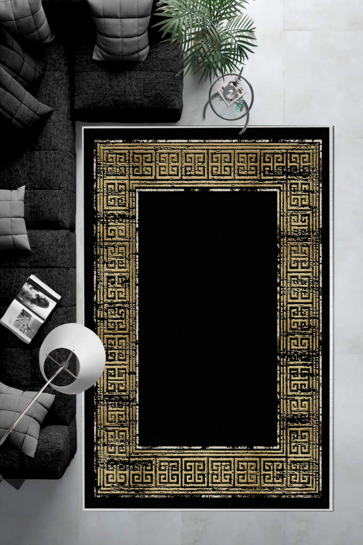 Aldora Sarı - Siyah 9 mm Deri Toz Tutmaz Yıkanabilir İnce Kaymaz Lateks Taban Dikdörtgen Makine Dokuma Salon Halısı 100x300 cm