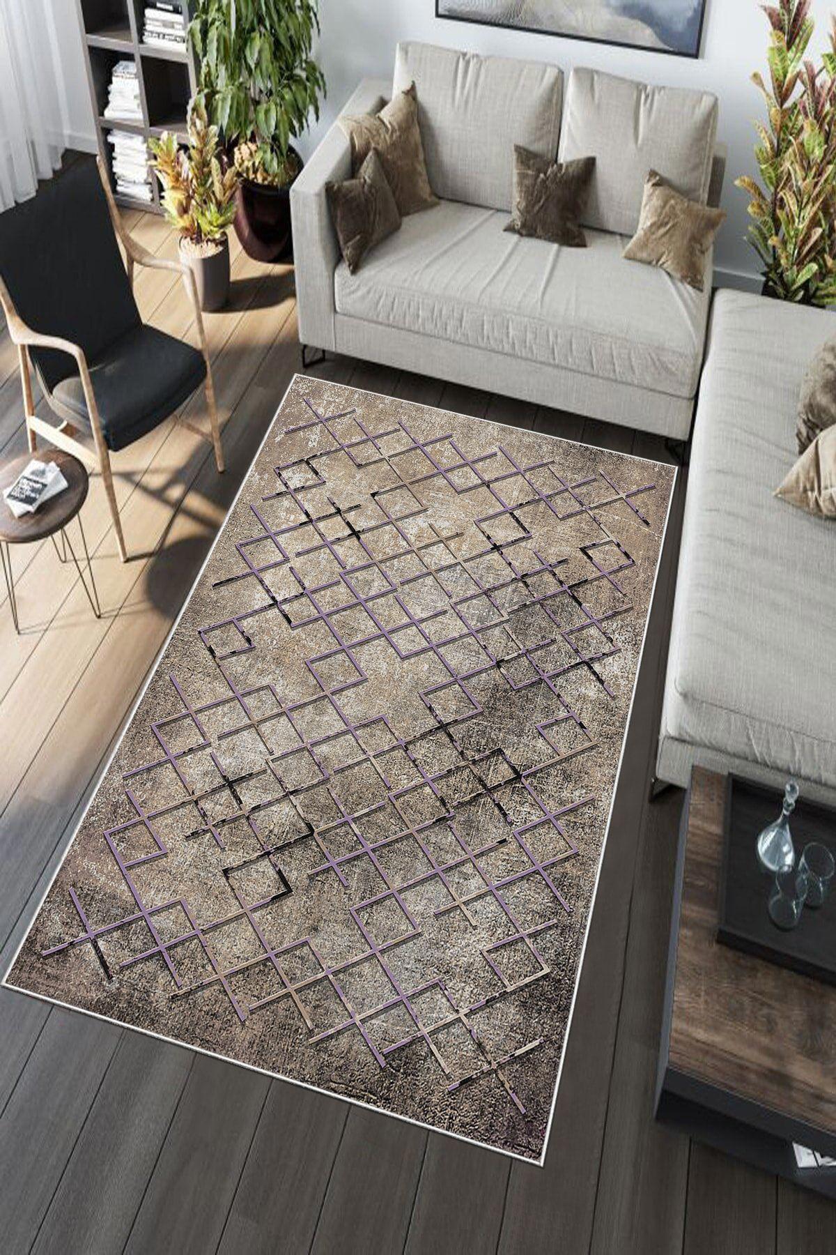 Aldora A127 Bej-Kahverengi 9 mm Deri Leke tutmaz Yıkanabilir İnce Kaymaz Deri Taban Dikdörtgen Makine Dokuma Salon Halısı 100x150 cm