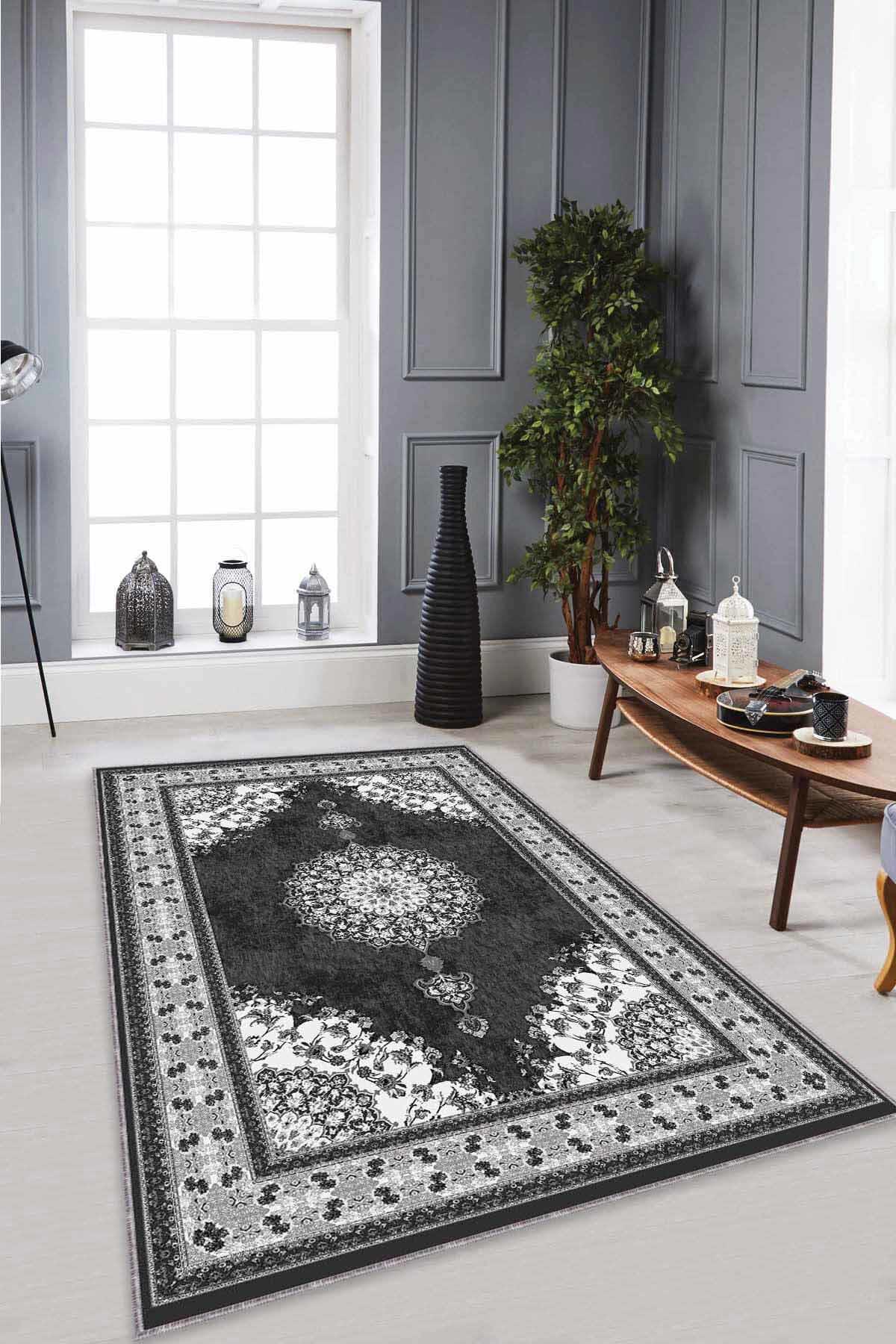 Viva Home AR473 Gri 7 mm Mikropolyester Toz Tutmaz Yıkanabilir İnce Kaymaz Dot Taban Dikdörtgen Makine Dokuma Salon Halısı 140x200 cm