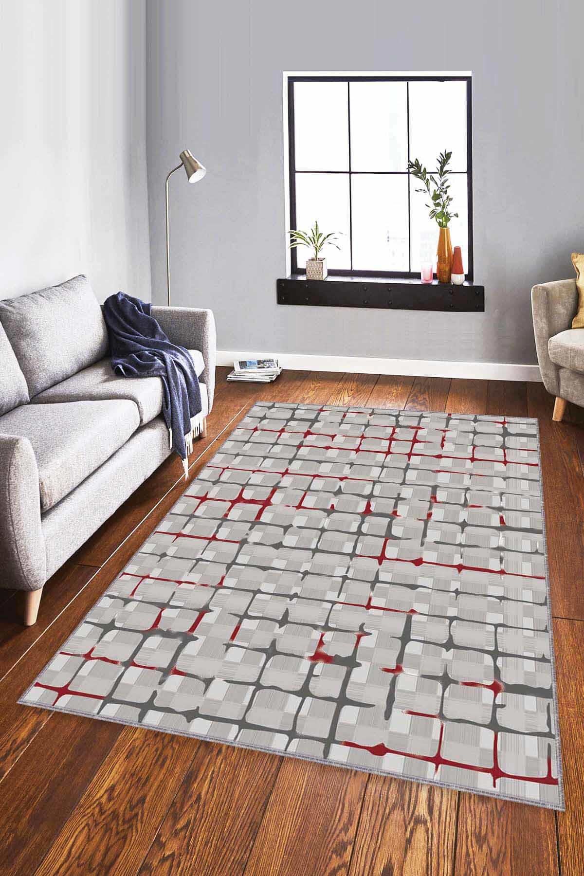 Viva Home FV001 Bordo 7 mm Mikropolyester Leke Tutmaz-Toz Tutmaz Yıkanabilir Orta Kaymaz Dot Taban Dikdörtgen Makine Dokuma Salon Halısı 100x200 cm