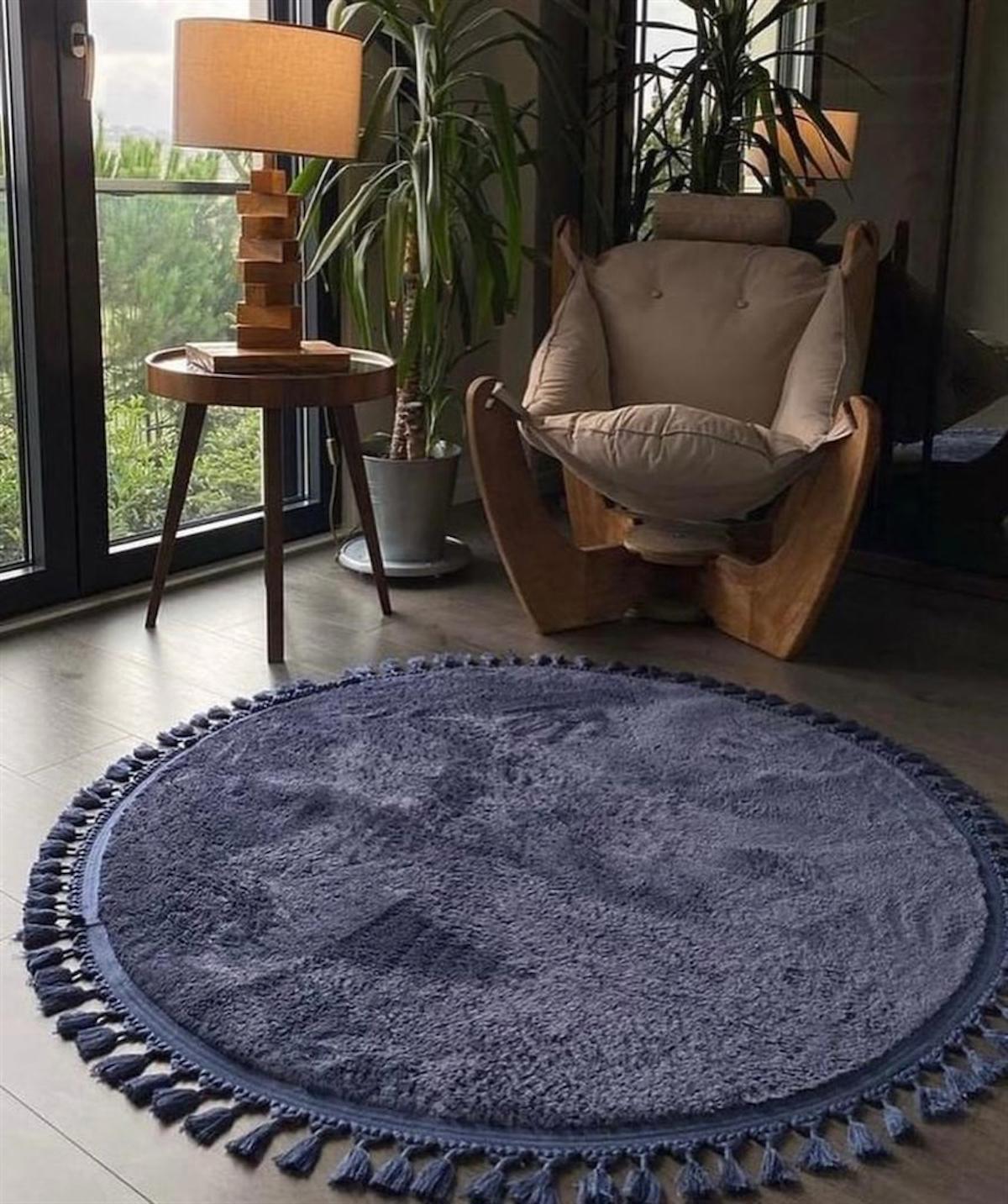 Crea Halı Puff 3154 Mavi 20 mm Pamuk-Polyester Yıkanabilir Kalın Kaymaz Dikdörtgen Makine Dokuma Salon Halısı 100x150 cm