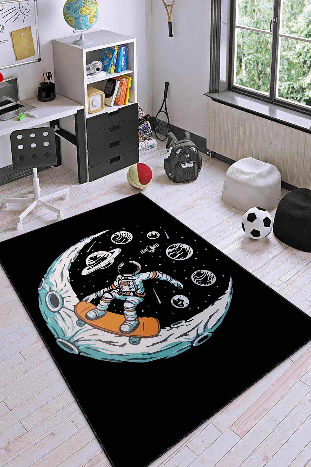 Viva Home AR1161 Siyah 7 mm Mikropolyester Antibakteriyel Yıkanabilir İnce Kaymaz Lateks Taban Dikdörtgen Makine Dokuma Çocuk Odası Halısı 100x200 cm