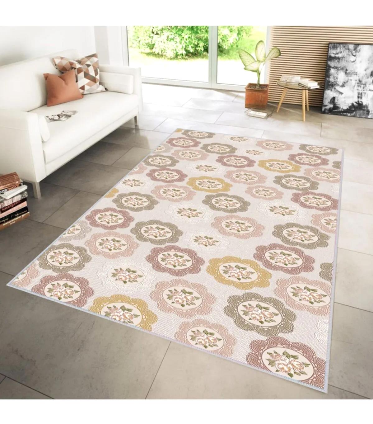 Rovigo Home RVG1225 Krem 8 mm Polyester Leke Tutmaz-Toz Tutmaz Yıkanabilir İnce Kaymaz Dot Taban Dikdörtgen Makine Dokuma Salon Halısı 80x200 cm