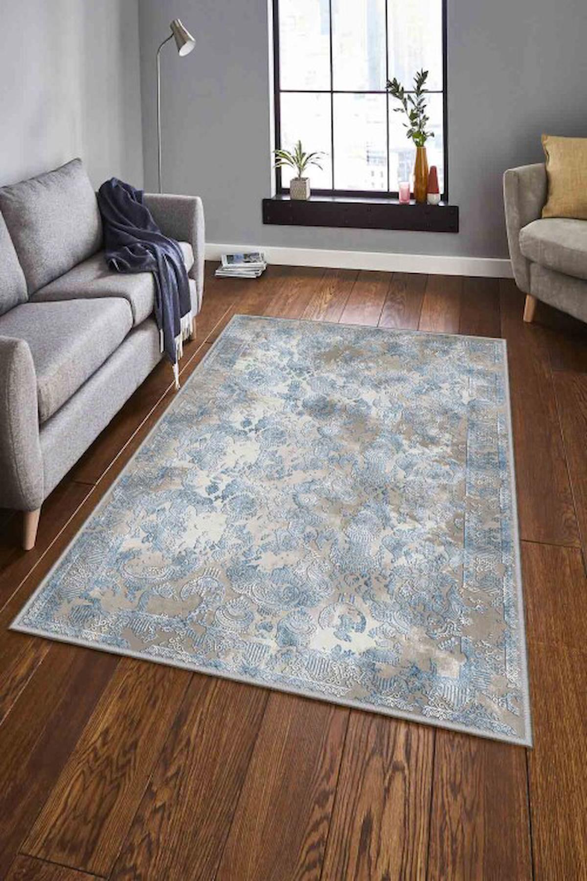 Homefesto Krem 5 mm Polyester Leke Tutmaz Yıkanabilir İnce Kaymaz Taban Dikdörtgen Makine Dokuma Salon Halısı 100x160 cm