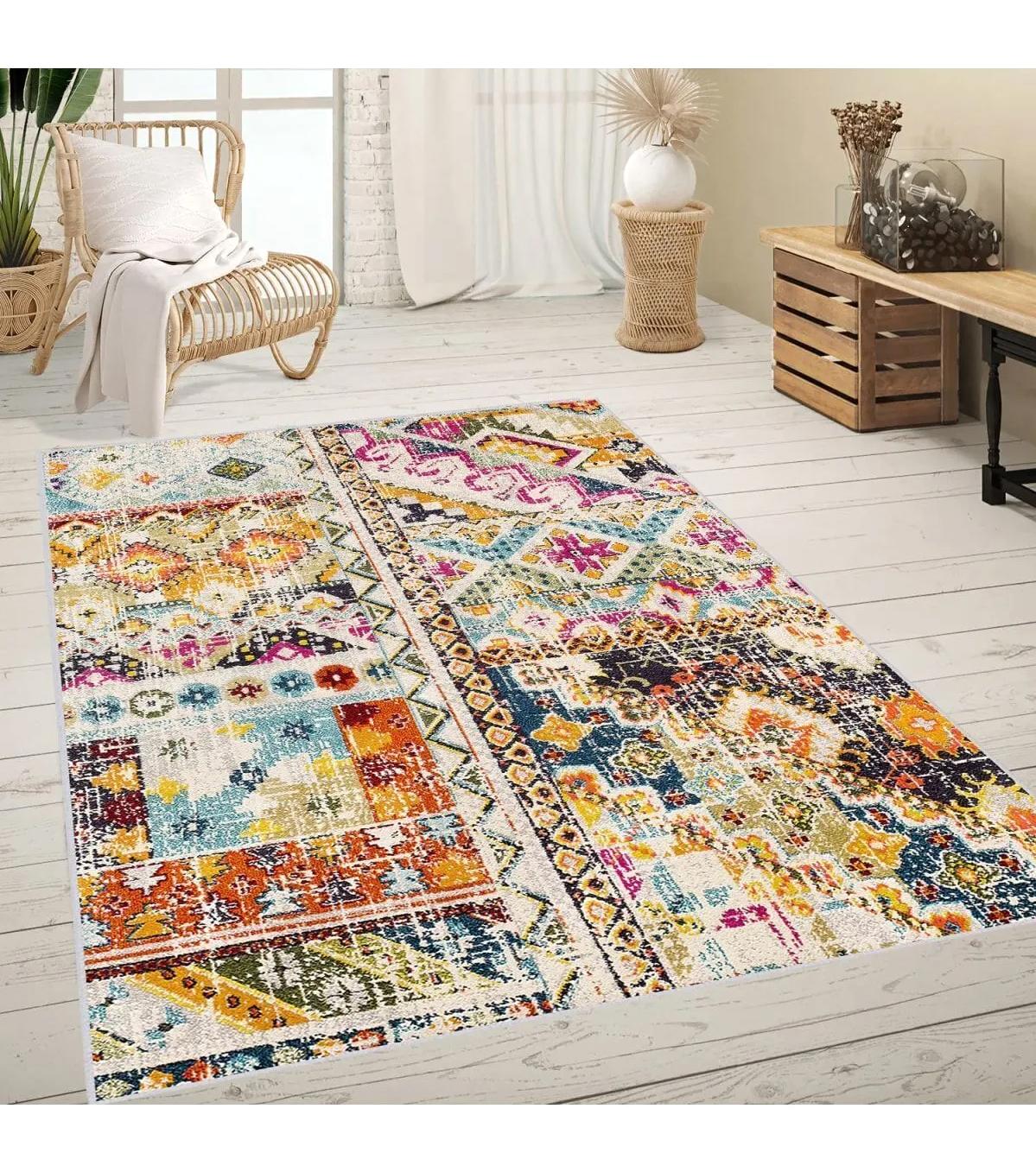 Rovigo Home RVG0638 Çok Renkli 8 mm Polyester Antibakteriyel-Leke Tutmaz-Toz Tutmaz Yıkanabilir İnce Kaymaz Dot Taban Dikdörtgen Makine Dokuma Salon Halısı 160x230 cm