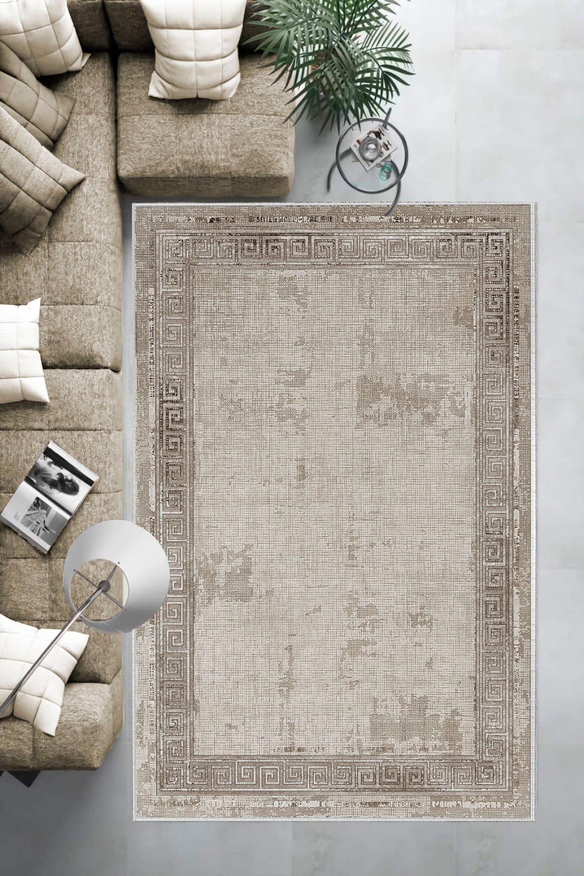 Aldora B1196 Bej-Vizon 9 mm Deri Antibakteriyel Yıkanabilir İnce Kaymaz Deri Taban Dikdörtgen Makine Dokuma Salon Halısı 80x150 cm
