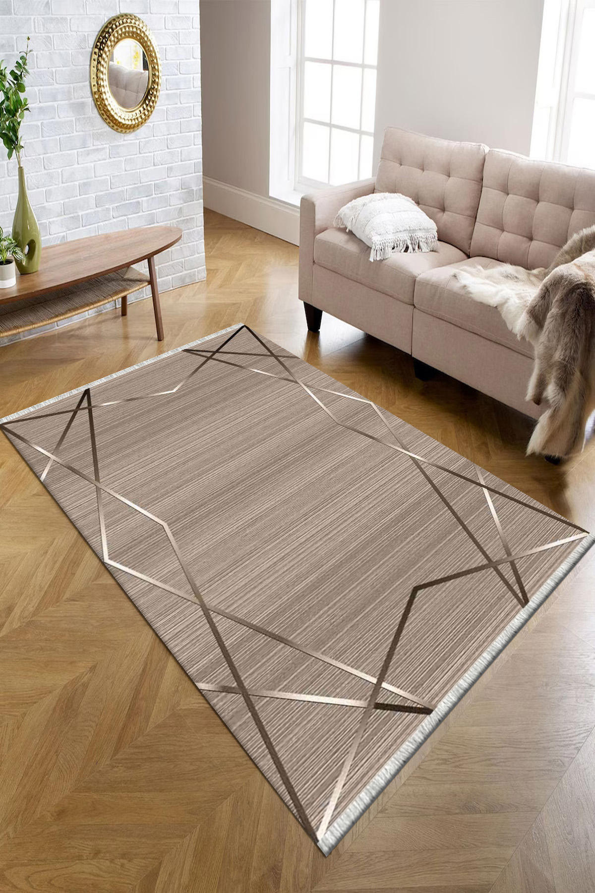 Kreatif Halı Gri 4 mm Polyester Antibakteriyel Yıkanabilir İnce Kaymaz Dot Taban Dikdörtgen Makine Dokuma Salon Halısı 120x180 cm