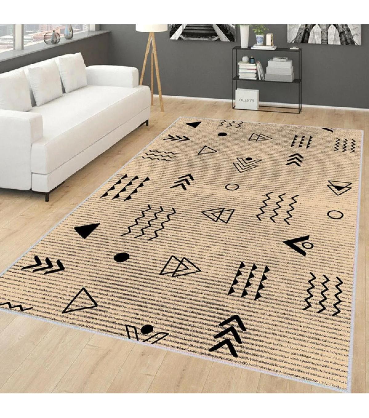 Rovigo Home RVG0145-SD1153 Krem 8 mm Polyester Yıkanabilir Orta Kaymaz Dot Taban Dikdörtgen Makine Dokuma Salon Halısı 100x150 cm