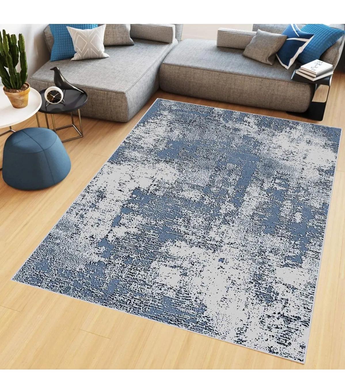 Rovigo Home RVG0451 Gri-Mavi 8 mm Polyester Leke Tutmaz-Toz Tutmaz Yıkanabilir İnce Kaymaz Dot Taban Dikdörtgen Makine Dokuma Salon Halısı 160x230 cm