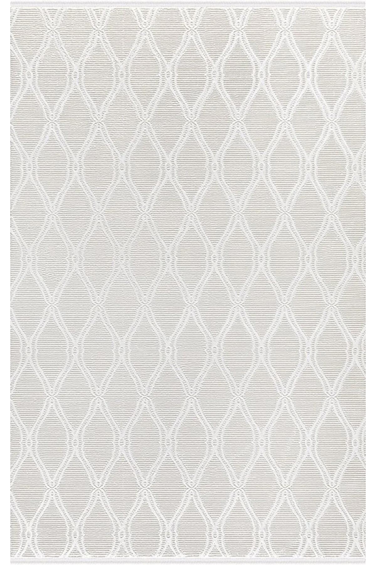 Merinos Recycle 37406 Krem 7 mm Pamuk Toz Tutmaz Yıkanabilir İnce Kaymaz Geometrik Dikdörtgen Makine Dokuma Salon Halısı 80x150 cm