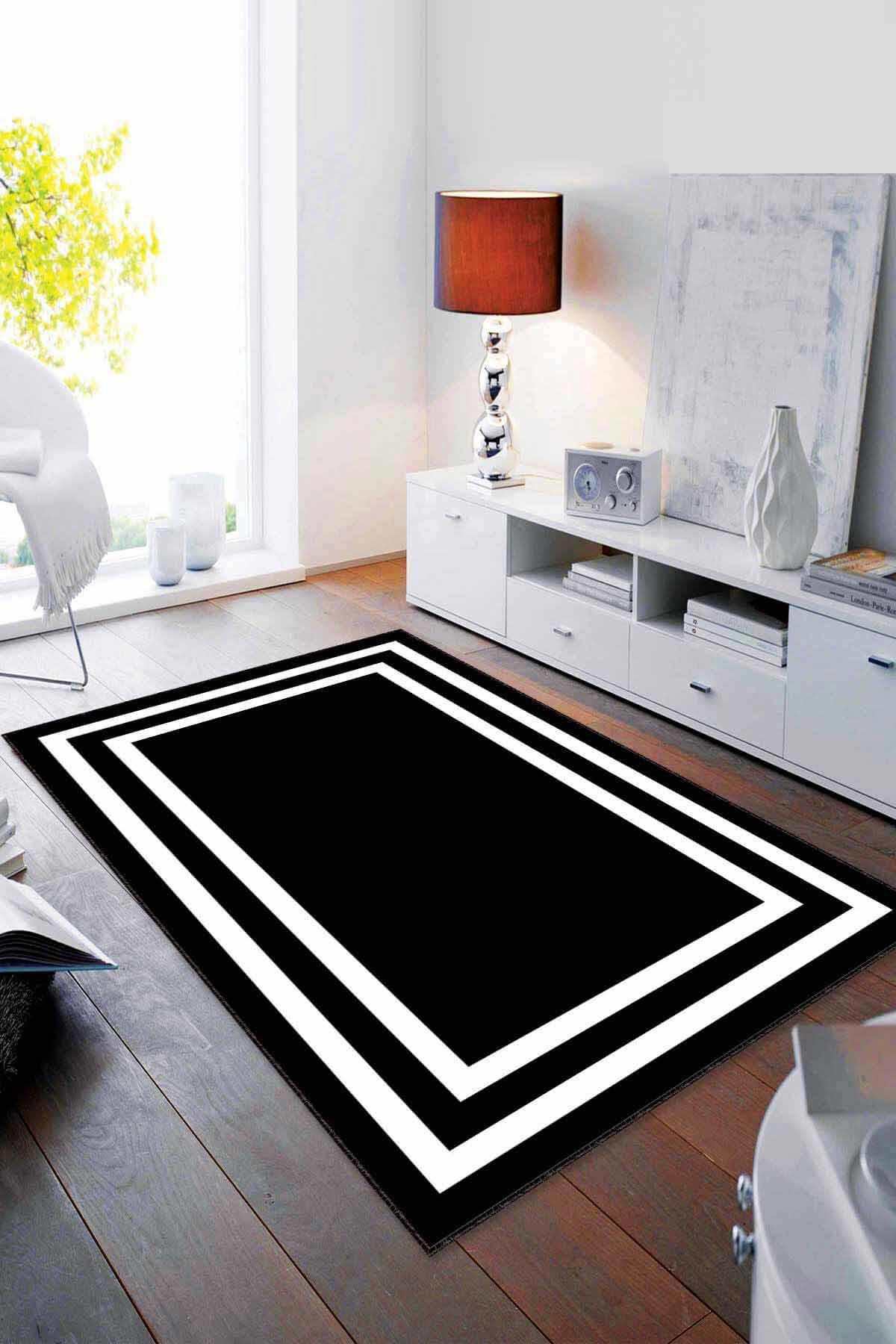 Viva Home RV097 Siyah 7 mm Mikropolyester Antibakteriyel Yıkanabilir Kalın Kaymaz Lateks Taban Dikdörtgen Makine Dokuma Salon Halısı 100x200 cm