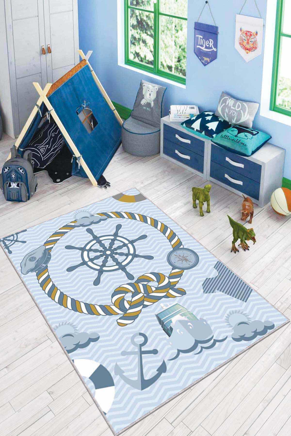 Viva Home AR094 Mavi 7 mm Mikropolyester Leke tutmaz Yıkanabilir İnce Kaymaz Dot Taban Dikdörtgen Makine Dokuma Çocuk Odası Halısı 80x500 cm