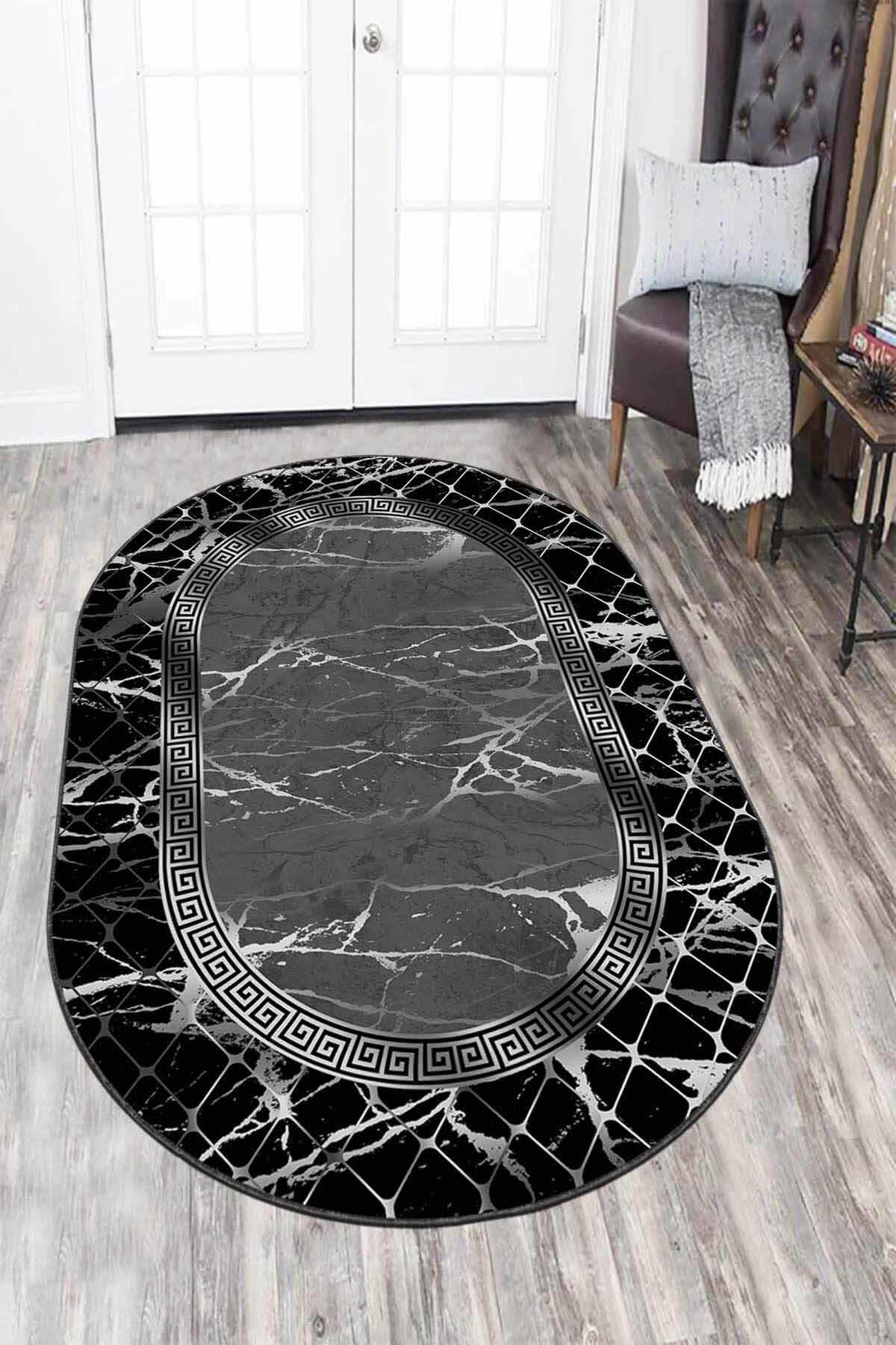 Viva Home AR976 Füme 7 mm Mikropolyester Silinebilir Yıkanabilir Kaymaz Oval Makine Dokuma Salon Halısı 120x180 cm