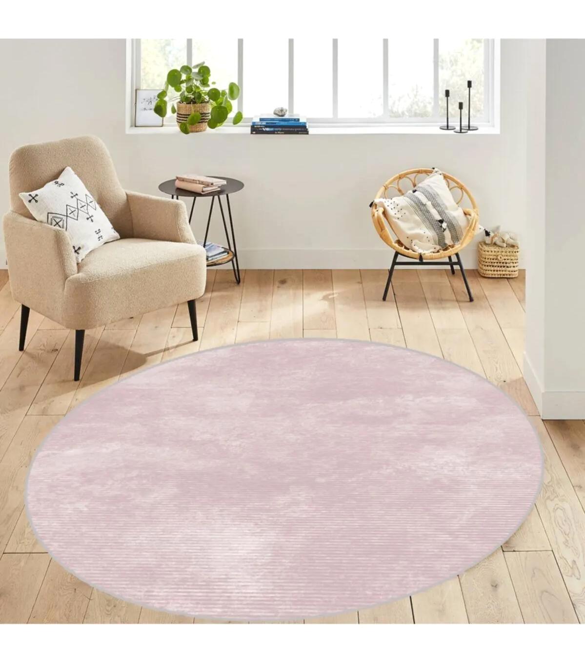 Rovigo Home RVG7095 Pembe 8 mm Polyester Antibakteriyel-Leke Tutmaz-Toz Tutmaz Yıkanabilir İnce Kaymaz Dot Taban Yuvarlak Makine Dokuma Salon Halısı 180x180 cm