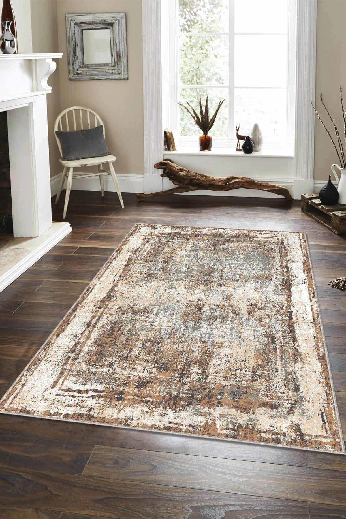 Viva Home AR110 Bej 7 mm Mikropolyester Leke Tutmaz Yıkanabilir İnce Kaymaz Dot Taban Dikdörtgen Makine Dokuma Salon Halısı 100x150 cm