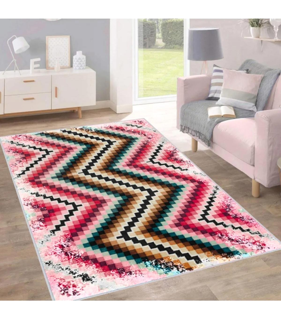 Rovigo Home RVG1536-HT114 Çok Renkli 8 mm Polyester Antibakteriyel-Leke Tutmaz-Toz Tutmaz Yıkanabilir İnce Kaymaz Dot Taban Dikdörtgen Makine Dokuma Salon Halısı 80x150 cm