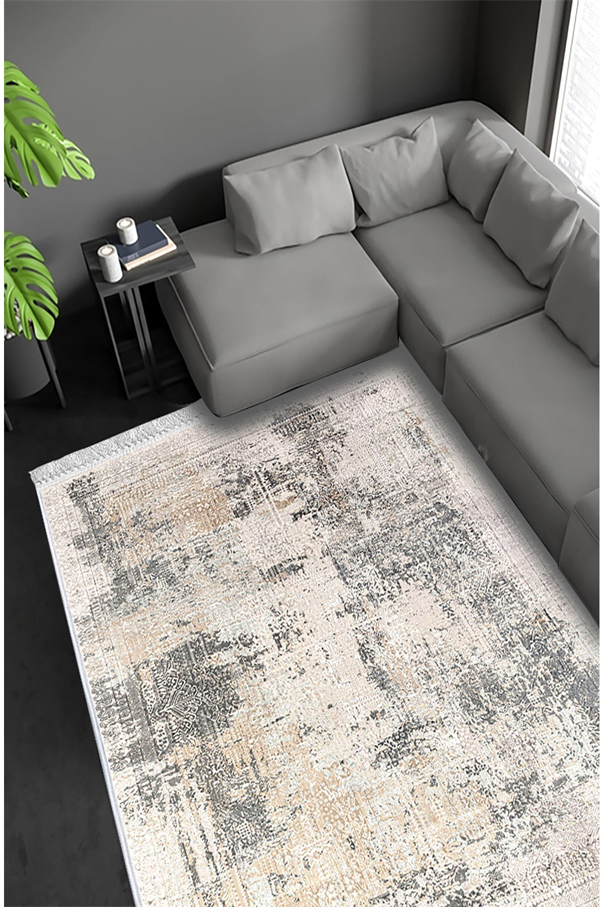 Artizon ART036 Bej 0.8 mm Polyester Toz Tutmaz Yıkanabilir İnce Kaymaz Dot Taban Dikdörtgen Makine Dokuma Salon Halısı 150x230 cm
