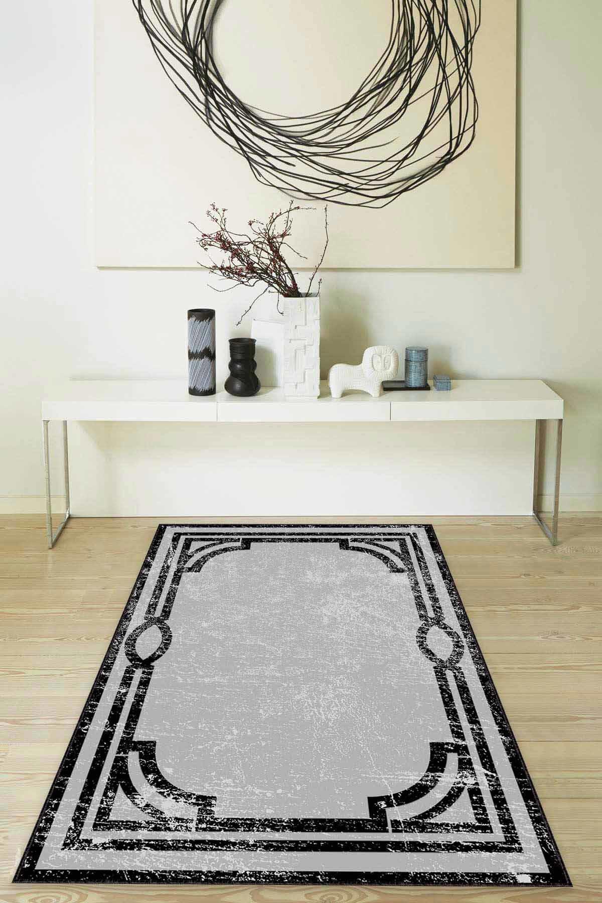 Viva Home MK42 Gri 7 mm Mikropolyester Toz Tutmaz Yıkanabilir İnce Kaymaz Dot Taban Dikdörtgen Makine Dokuma Salon Halısı 80x150 cm