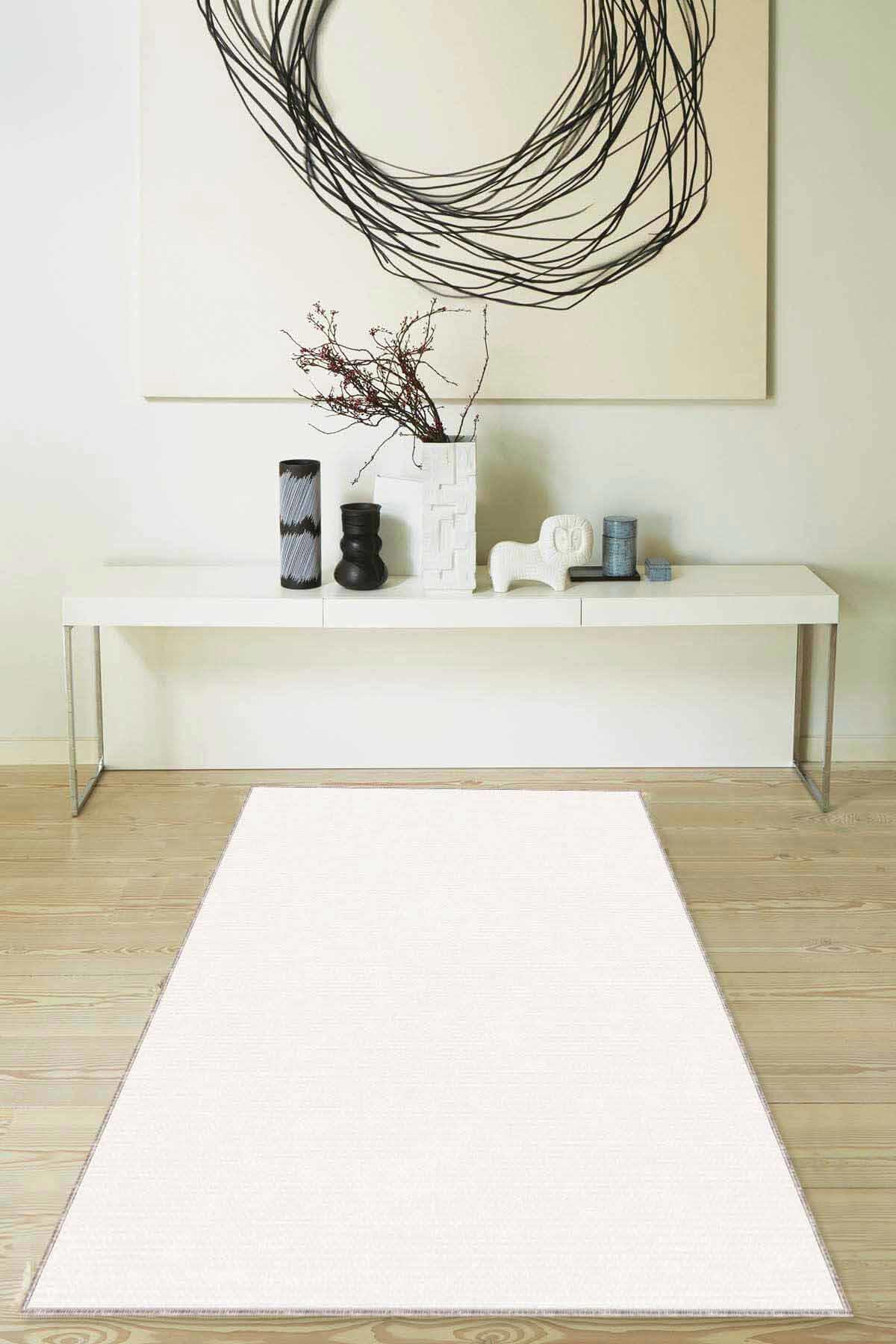 Viva Home RV204 Ekru 7 mm Mikropolyester Silinebilir Yıkanabilir Orta Kaymaz Dikdörtgen Makine Dokuma Salon Halısı 80x500 cm