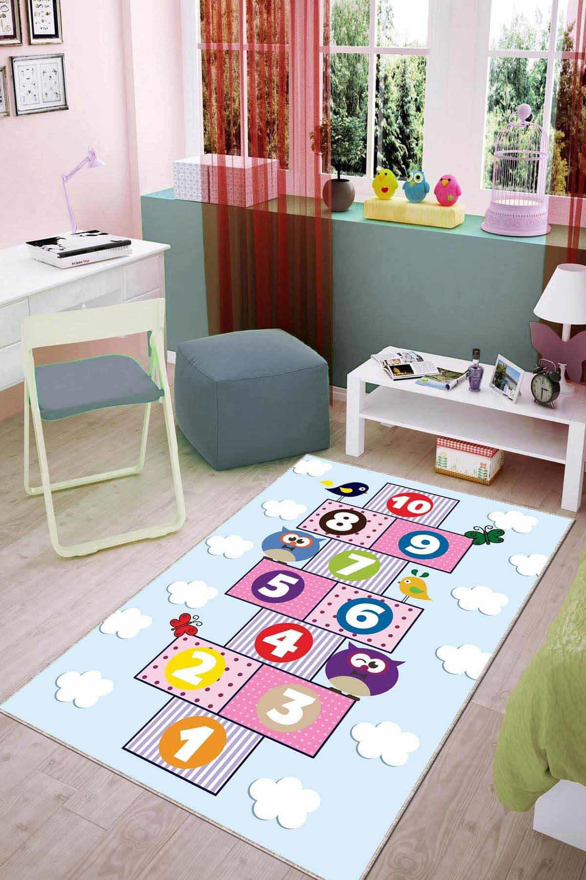 Viva Home AR774 Krem 7 mm Mikropolyester Yalıtıma Yardımcı Yıkanabilir Orta Kaymaz Dot Taban Çiçek Desenli Dikdörtgen Makine Dokuma Çocuk Odası Halısı 120x180 cm