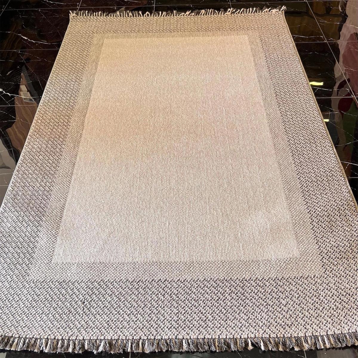 Sanat Halı Lora Plus 3748 Gri-Krem 7 mm Pamuk Antibakteriyel Yıkanabilir Kalın Kaymaz Lateks Taban Dikdörtgen Makine Dokuma Salon Halısı 160x230 cm
