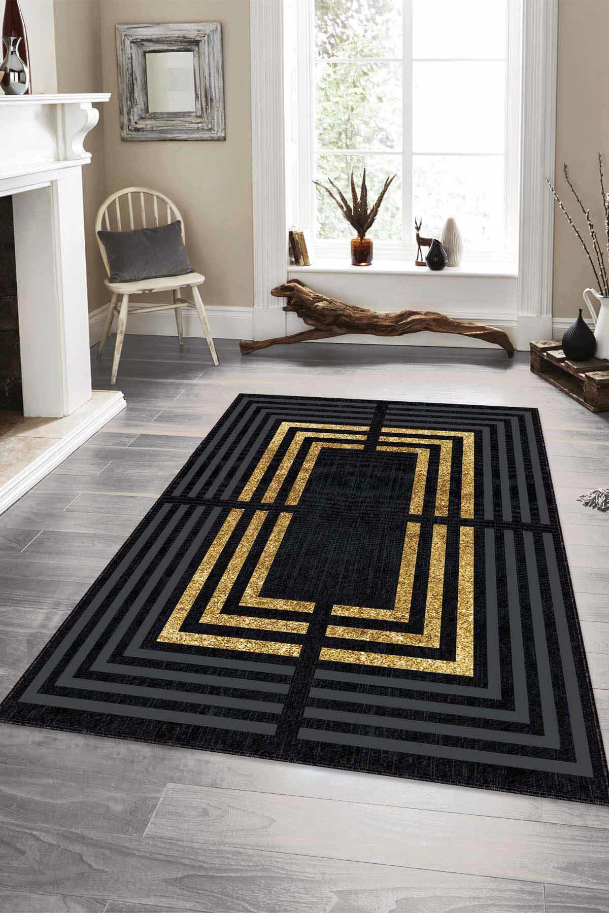 Viva Home RV095 Altın 7 mm Mikropolyester Toz Tutmaz Yıkanabilir İnce Kaymaz Dot Taban Dikdörtgen Makine Dokuma Salon Halısı 200x200 cm