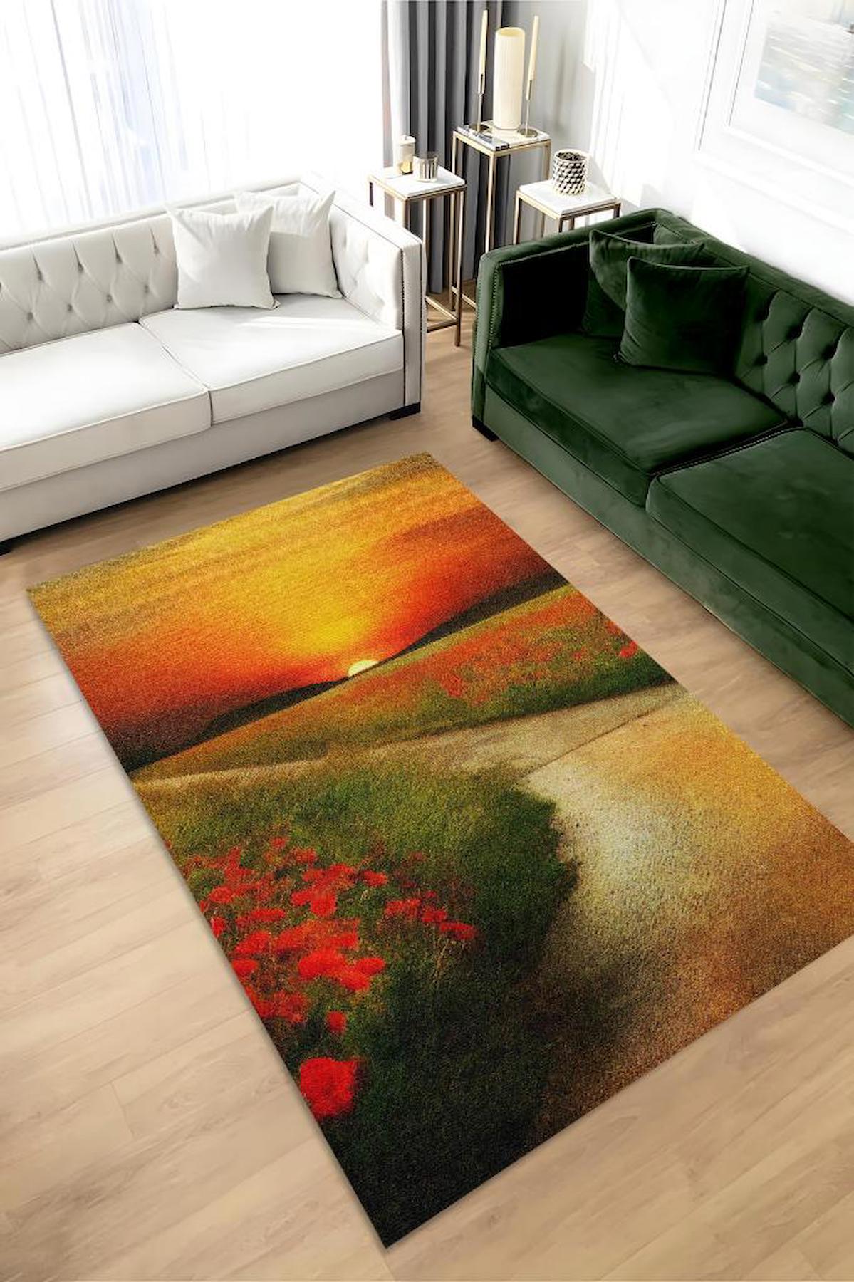 Homshtag Gelincikler Krem 4 mm Pamuk Antistatik Yıkanabilir İnce Kaymaz Dikdörtgen Makine Dokuma Salon Halısı 180x300 cm