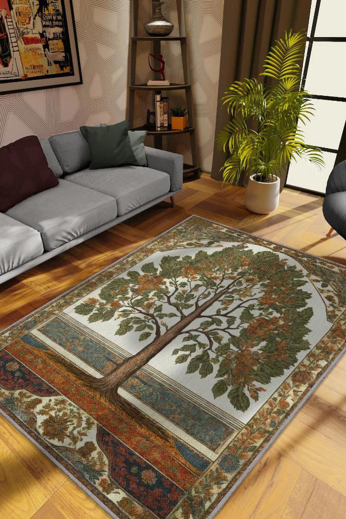 Homshtag Kavak Ağacı Krem 4 mm Pamuk Antistatik Yıkanabilir İnce Kaymaz Dikdörtgen Makine Dokuma Salon Halısı 195x290 cm