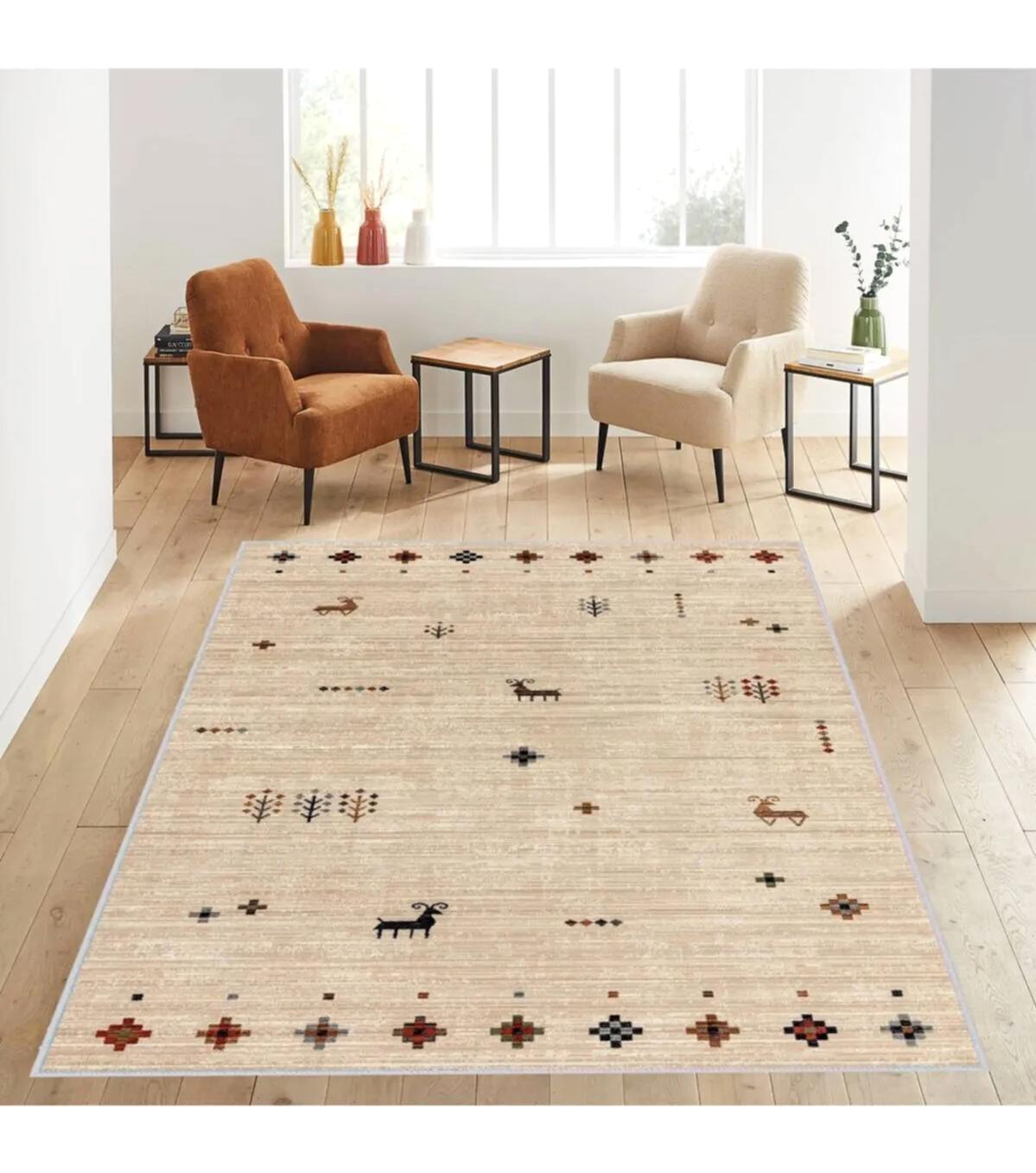 Rovigo Home RVG1148 Krem 8 mm Polyester Leke Tutmaz-Toz Tutmaz Yıkanabilir İnce Kaymaz Dot Taban Dikdörtgen Makine Dokuma Salon Halısı 100x300 cm