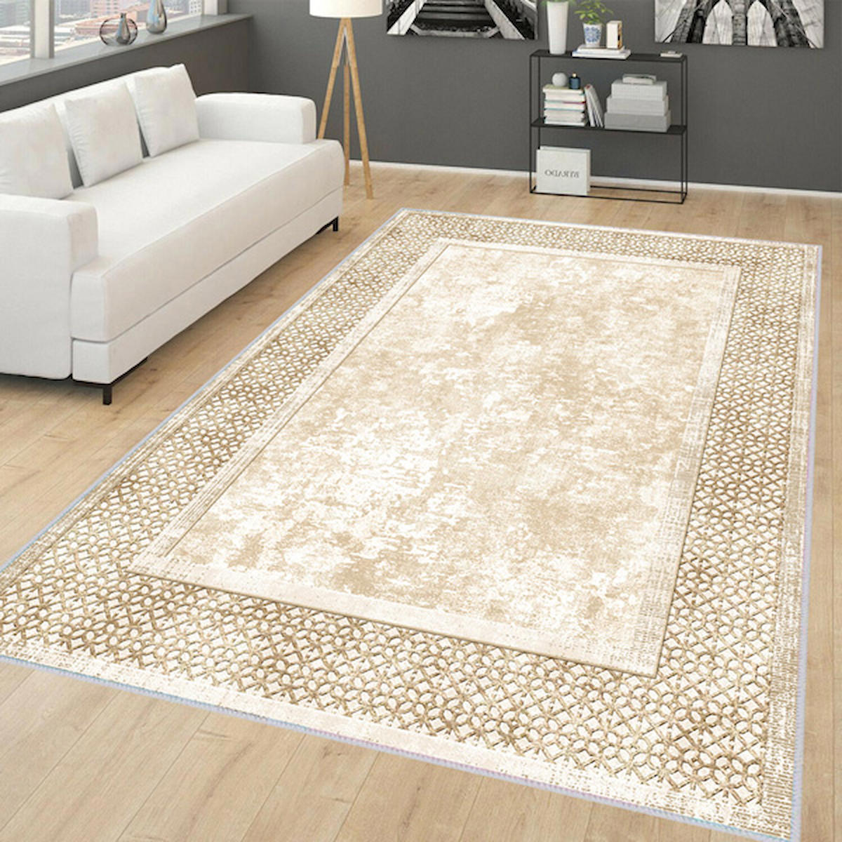 Rovigo Home RVG0141-SD753 Krem 8 mm Polyester Yıkanabilir Orta Kaymaz Dot Taban Dikdörtgen Makine Dokuma Salon Halısı 100x150 cm