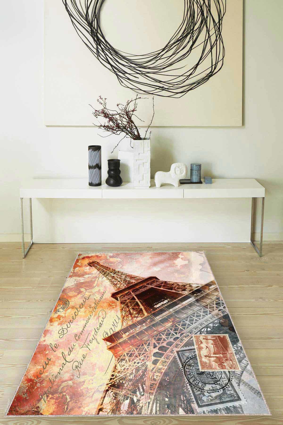 Viva Home RV338 Bej 7 mm Mikropolyester Yıkanabilir İnce Kaymaz Jüt Taban Dikdörtgen Makine Dokuma Salon Halısı 160x230 cm