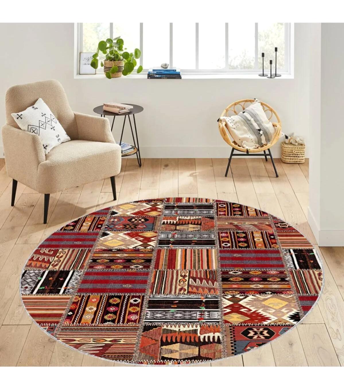 Rovigo Home RVG7107 Çok Renkli 8 mm Polyester Antibakteriyel-Leke Tutmaz-Toz Tutmaz Yıkanabilir İnce Kaymaz Dot Taban Yuvarlak Makine Dokuma Salon Halısı 160x230 cm