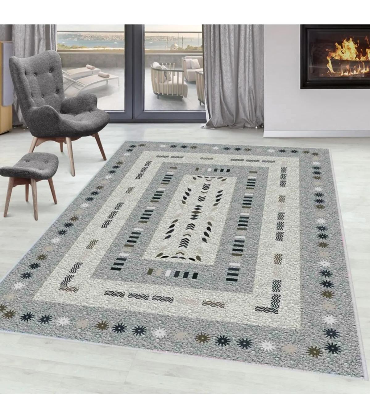 Rovigo Home RVG1626 Gri 8 mm Polyester Antibakteriyel-Leke Tutmaz-Toz Tutmaz Yıkanabilir İnce Kaymaz Dot Taban Dikdörtgen Makine Dokuma Salon Halısı 160x230 cm